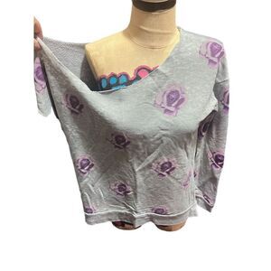 Dreamr Women's Medium Gray Floral Off the Shoulder Sweatshirt Casual Top